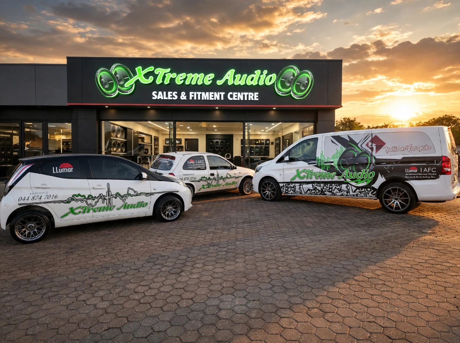 Xtreme Audio fitment centre and branded vehicles at sunset